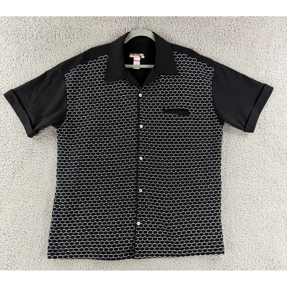 Vintage BC Ethic Bowling Shirt Mens L Black White Honeycomb Camp Collar USA 90s